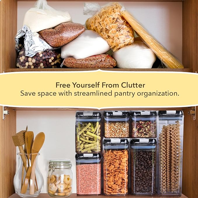 Simply Gourmet Airtight Food Storage Containers with Lids – 7 Piece Assorted Size Kitchen Pantry Organization Set, BPA-Free Clear Plastic, Stackable Containers for Cereal, Flour, Sugar, Rice, Snacks