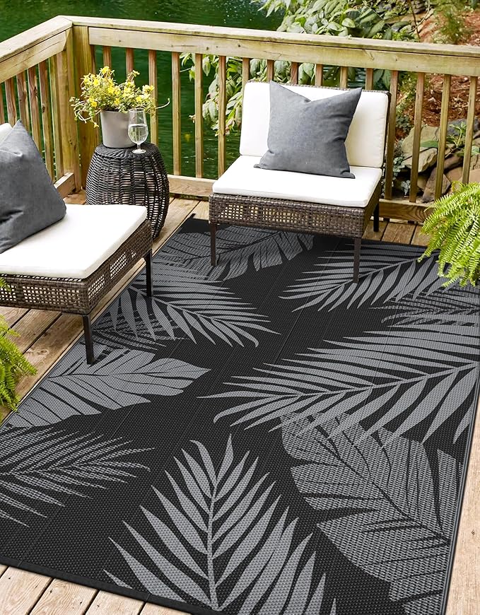 Outdoor Rug 6' x 9' for Patio Waterproof Clearance, Reversible Indoor Outdoor Plastic Straw Camping Rug Carpet, RV Mat, Large Area Rug for Deck, Backyard, Balcony, Porch, Beach, Black and Grey
