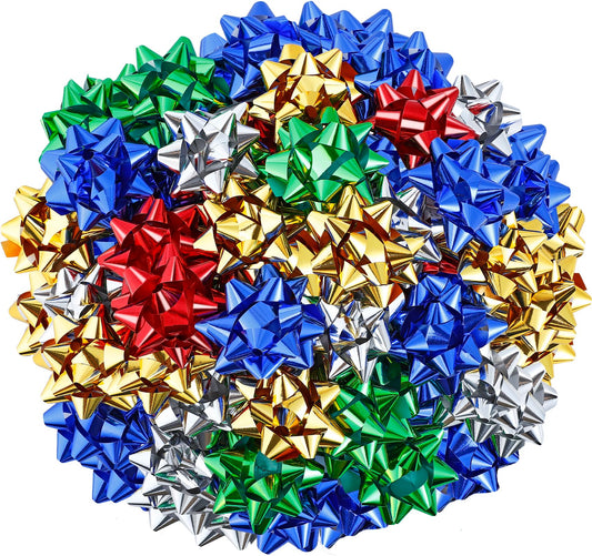 PIEMEET 75 Pcs Christmas Gift Bows, 3 Inches Metallic Christmas Bows, Self Adhesive Gift Bow for Wrapping, Gifts Wrapping Bow for Holiday Birthday Party Favor Decorating Presents(5 Colors)