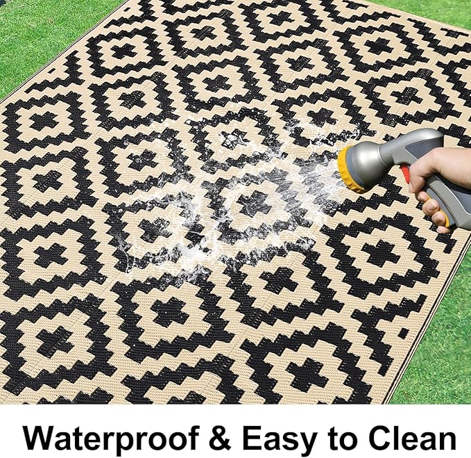 Smiry Waterproof Outdoor Rug 5x8 ft, Reversible Plastic Straw Patio Camping Rugs, Outdoor Indoor RV Mat Carpet for Patio, Outside Entry, Backyard, Deck, Bench, Picnic, Camper, Black & Beige