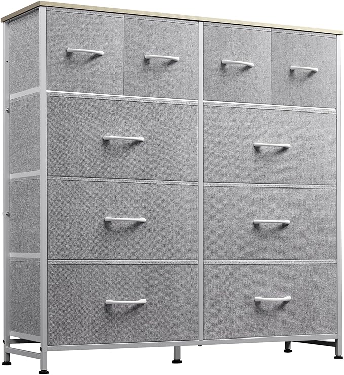 WLIVE Fabric Dresser for Bedroom, Dresser with 10 Drawers, Storage Tower with Fabric Bins, Double Dressers, Chest of Drawers for Closet, Living Room, Hallway, Light Grey