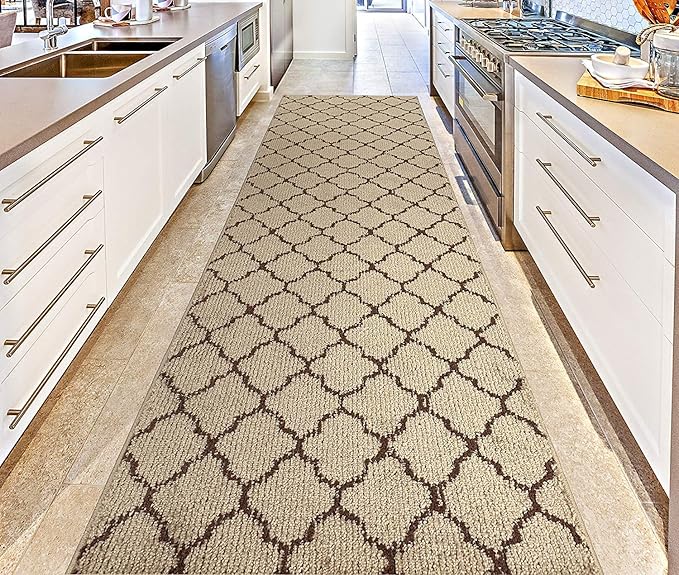Custom Size Modern Runner Rug Carpet for Hallway Entryway Foyer Kitchen, Slip Resistant Latex Rubber Backed 31 inch Wide X Customized Length, Trellis Beige, 31 inch X 28 feet