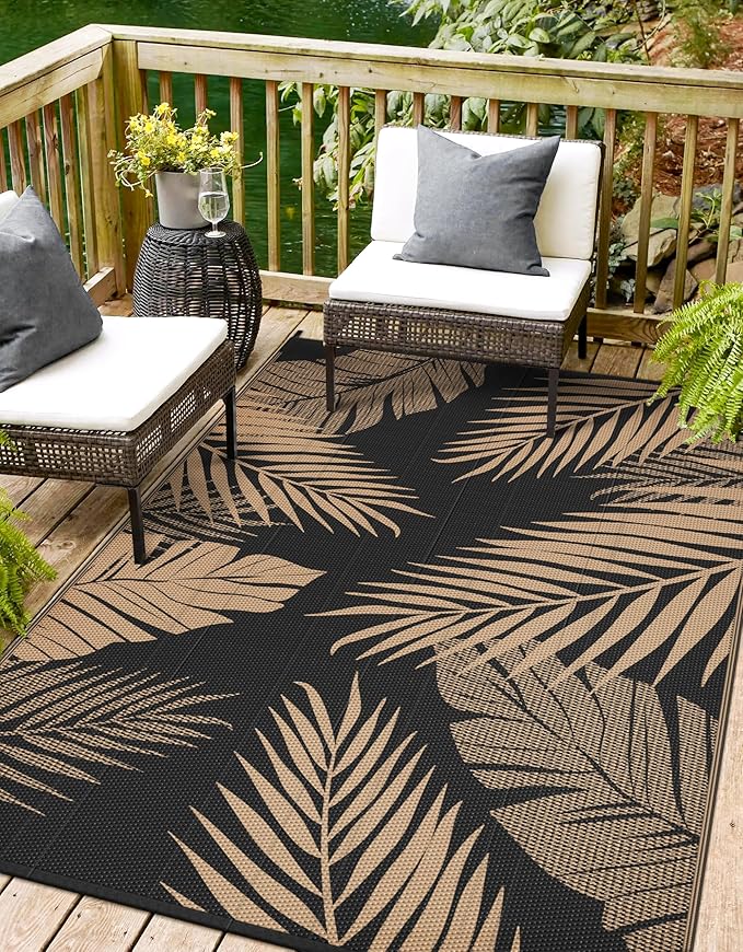 Outdoor Rug 8' x 10' for Patio Waterproof Clearance, Reversible Indoor Outdoor Plastic Straw Camping Rug Carpet, RV Mat, Large Area Rug for Deck, Backyard, Balcony, Porch, Beach,Black and Brown