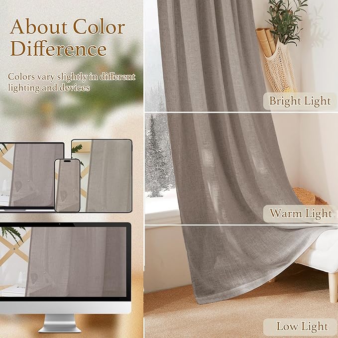 RYB HOME Solid Semi Sheer Curtains Rod Pocket Living Room/Bedroom, Linen Sheer Light Filtering Curtains 72 inches Long, Birch Brown, W 52 x L 72 inch Length, 1 Pair