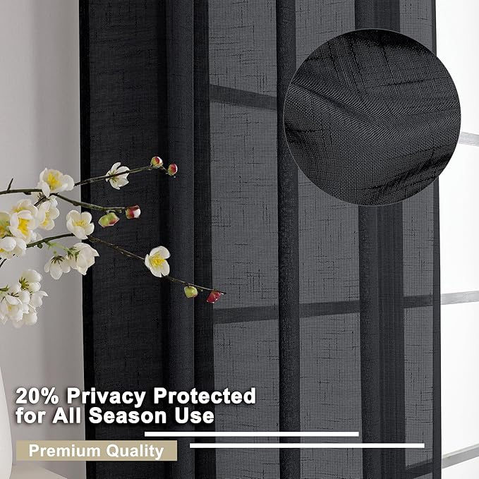 Aiyufeng Kirei Black Sheer Curtains 96 Inches Long 2 Panels, Faux Linen Slub Textured Light Filtering Soft Airy Rod Pocket Curtain Drapes for Farmhouse Living Room Bedroom, Each 40Wx96L Inch