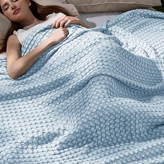 Bedsure Cooling Cotton Waffle King Size Blanket - Lightweight Breathable Blanket of Rayon Derived from Bamboo for Hot Sleepers, Luxury Throws for Bed, Couch and Sofa, Blue, 104x90 Inches
