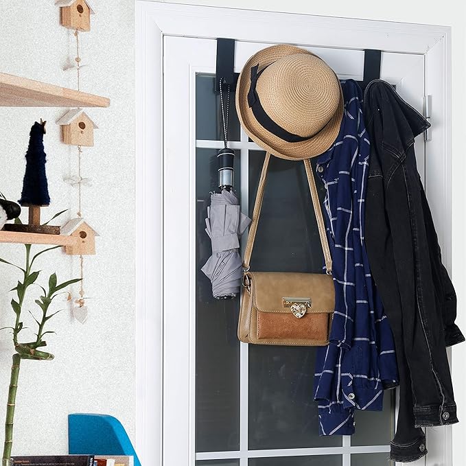 WEBI Over The Door Hooks,Over Door Towel Rack with 6 Peg Hooks for Hanging,Door Coat Hanger Door Coat Rack for Behind Back of Bathroom,Black