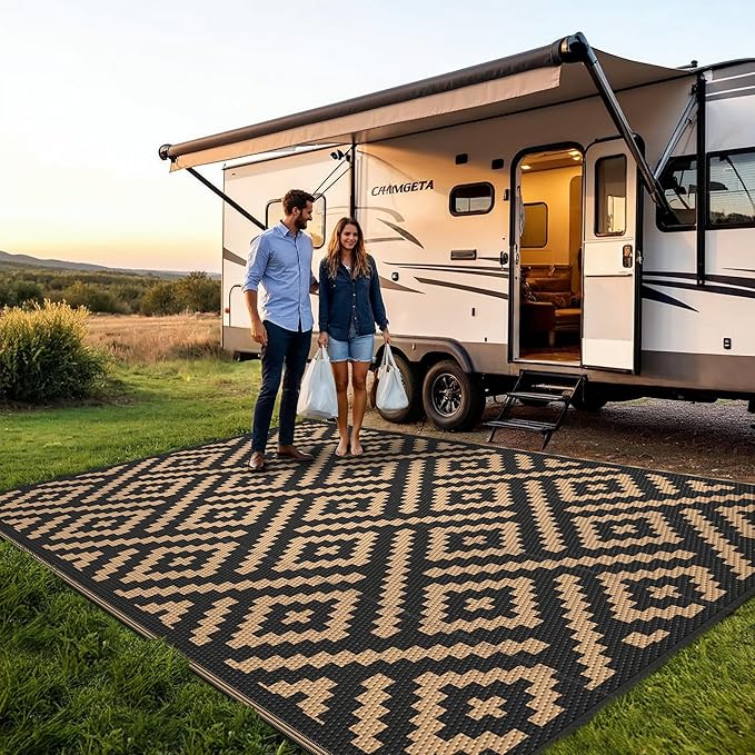 Outdoor Rug for Patio - Waterproof Plastic Straw Camping Rugs 5x8 ft, Reversible Outdoor Indoor RV Mat Carpet for Patio, Porch, Deck, Balcony, Picnic, Beach, Black Brown