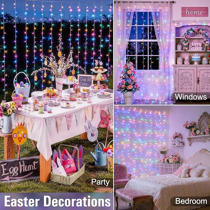JMEXSUSS 300LED Easter Decorations Curtain Lights with Remote, 9.8x9.8ft Easter Sting Lights Plug in for Bedroom Wall Window Party Backdrop Porch Patio Garden Yard Indoor Outdoor Decor
