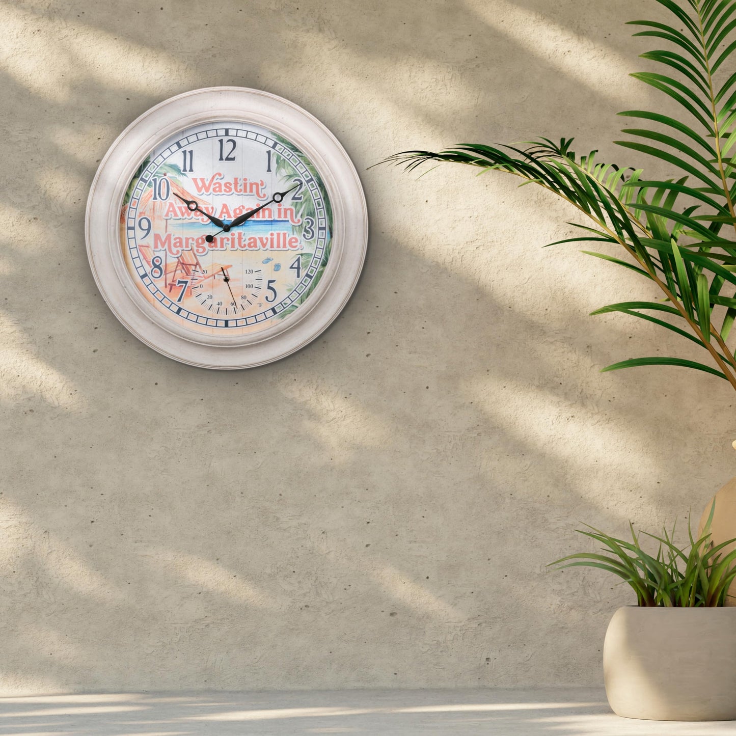 La Crosse Clock 433-3267MVT 26.2" Indoor/Outdoor Whitewashed Analog Quartz Clock with Temp and Humidity
