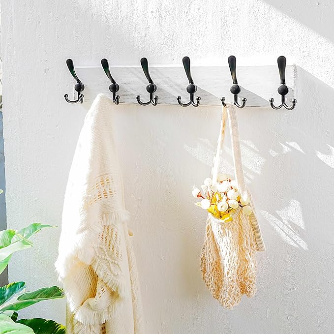 Dseap Coat Rack Wall Mounted - 24" Long 6 Tri Hooks, Heavy Duty Wooden Wall Coat Hanger Coat Hook for Clothes Hat Jacket Clothing, White and Black