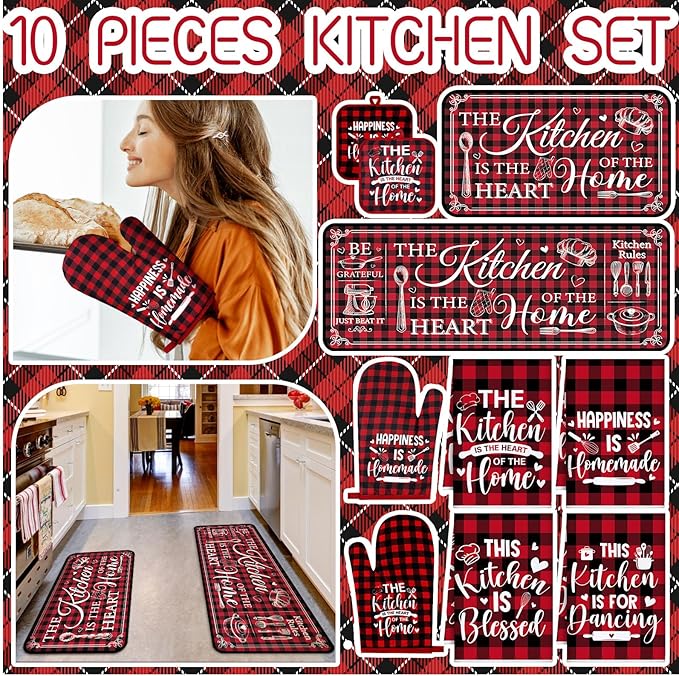 Fourluoo 10 Pcs Farmhouse Kitchen Decor and Accessories Set 4 Kitchen Towels 2 Pot Holders 2 Oven Mitts 2 Rugs for Cooking Baking Mom Housewarming Gifts(Red White,Classic Style)