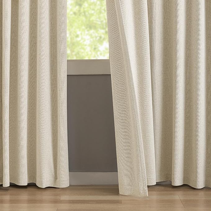 Pinch Pleated Linen Blackout Curtains 108 Inches Long 2 PCs, Pinch Pleat Linen Curtains for Living room with Hooks, Extra Long Thermal Insulated Window Panels for Villa, Natural Beige,42W x 108L