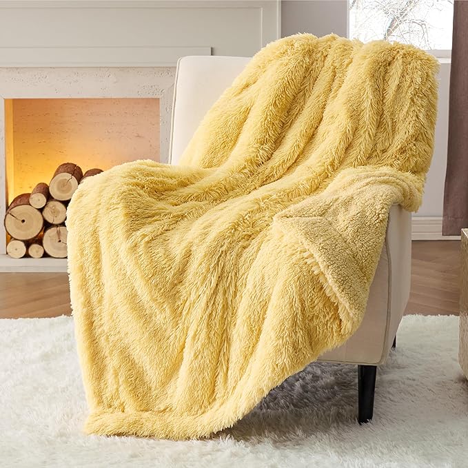 Bedsure GentleSoft Fluffy Yellow Throw Blanket, Room Decor Yellow Gifts for Women Men, Soft Cozy Fuzzy Plush Thick Warm Sherpa Fleece Faux Fur Throw Blanket for Couch Bed, Gifts for Mom Dad, 50x60