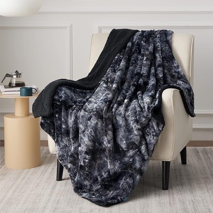 Bedsure GentleSoft Sherpa Fluffy Blanket Twin Size - Fleece Warm and Cozy Throw for Women Gift, Plush & Fuzzy Faux Fur Christmas Blanket for Couch, Sofa, Bed Decor, Tie Dye Design, Black, 60x80 Inches
