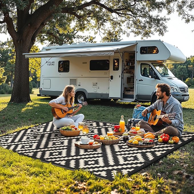 Outdoor Rug for Patio - Waterproof Plastic Straw Camping Rugs 5x8 ft, Reversible Outdoor Indoor RV Mat Carpet for Patio, Porch, Deck, Balcony, Picnic, Beach, Black Beige