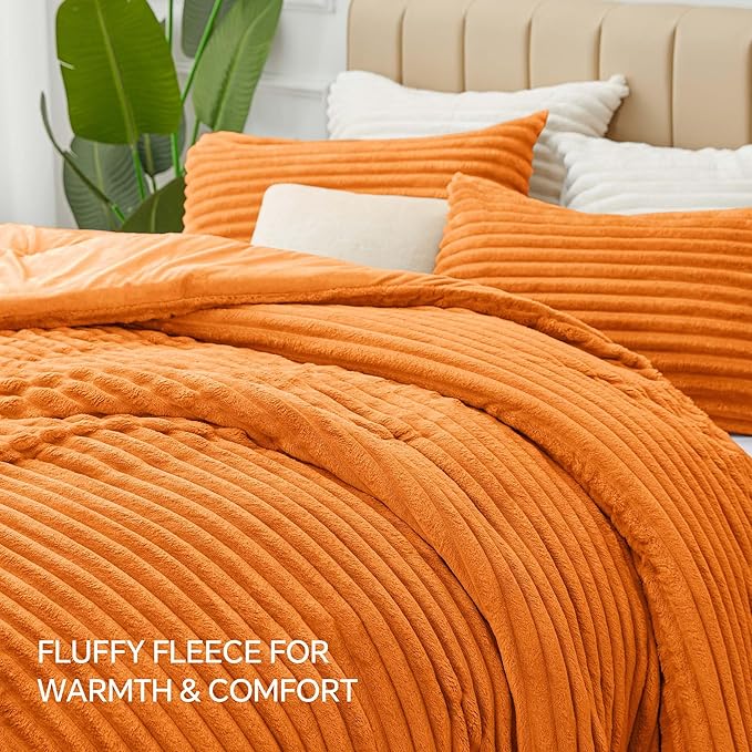 BEDELITE Fleece Queen Comforter Set -Super Soft & Warm Fluffy Burnt Orange Bedding, Luxury Fuzzy Heavy Bed Set for Winter with 2 Pillow Cases