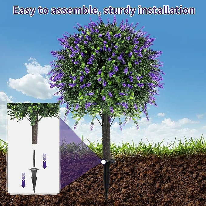 27.2" Artificial Lavender Topiary Set of 2 with Spike, Fake Plants Boxwood Balls Greenery Shrubs , Uv Resistant Artificial Push in Flowers Bushes for Outdoor Front Porch Decor, Home Faux Plants Indoor