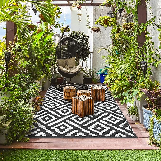 GENIMO 5x8 Outdoor Rug Waterproof, Reversible Mats, Outdoor Area Rug, Plastic Outside Carpet, Geometric Rv Mat for Patio Camping Rv Picnic Backyard Deck Balcony Porch Beach Trailer (Black & White)