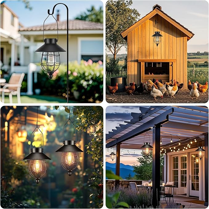 Solar Lanterns Outdoor Hanging Metal Vintage Lantern Warm White Solar Lights lamp Waterproof Edison Bulb Design for Pathway Garden Patio Yard Tree Decoration (2 Pack Black)