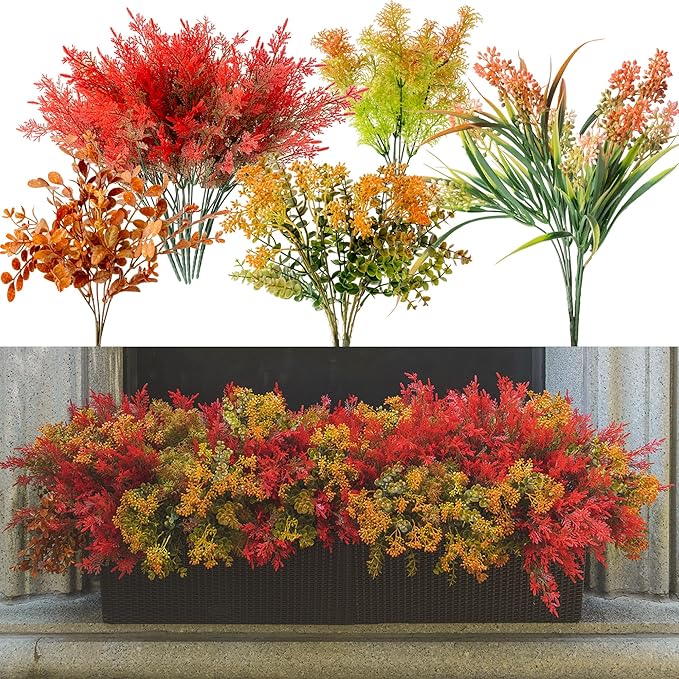 12Pcs Artificial Fall Flowers for Outdoor Decoration UV Resistant Fake Plastic Plants Faux Cedar Seaweed Eucalyptus for Autumn Full Indoor Garden Patio Fireplace Window Box Kitchen Home Decor
