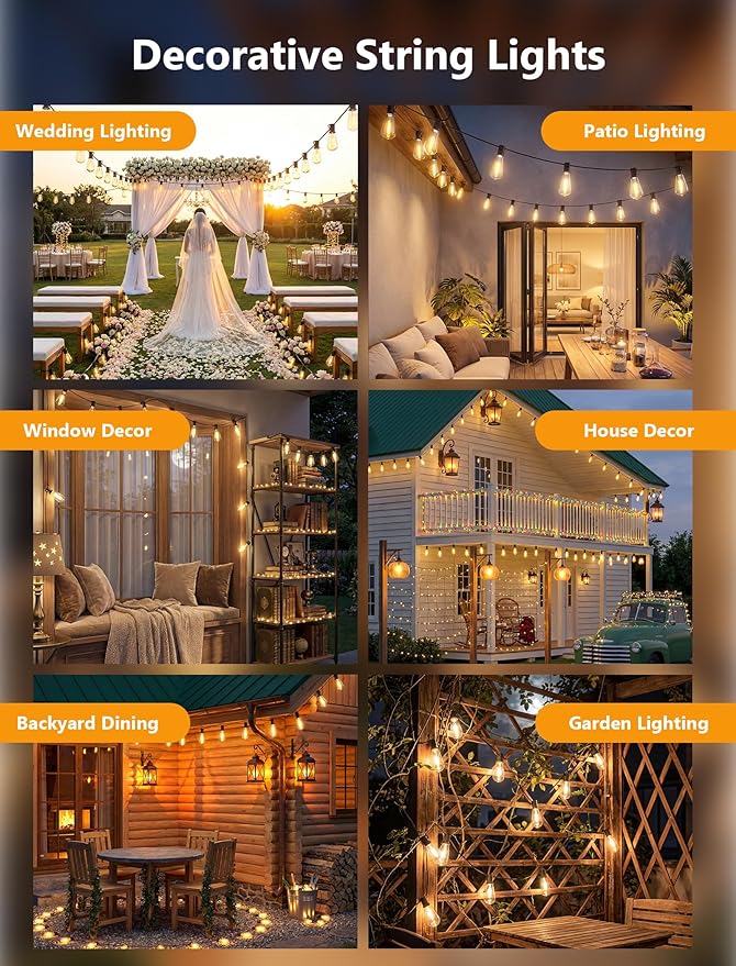 45FT Outdoor String Lights, 30 ST40 Shatterproof Vintage Edison Bulbs, Black Cord Waterproof LED Plug-in Commercial Patio Light, Hanging Decor for Large Backyard Wedding