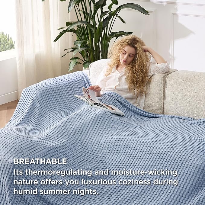 Bedsure Cooling Cotton Waffle Oversized King Blanket - Lightweight Breathable Rayon Derived from Bamboo for Hot Sleepers, Luxury Throws for Bed and Sofa, Sky Blue, 120x96 Inches