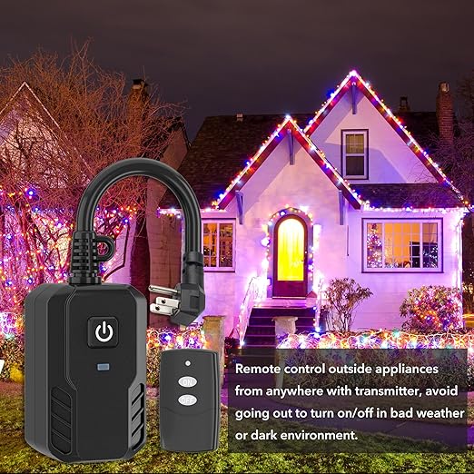 BN-LINK Outdoor Remote Control Outlet Plug Black,Indoor Wireless Outlet Switch Weatherproof Heavy Duty 15A 3-Prong 6-inch Cord 100Ft Range (Battery Included)