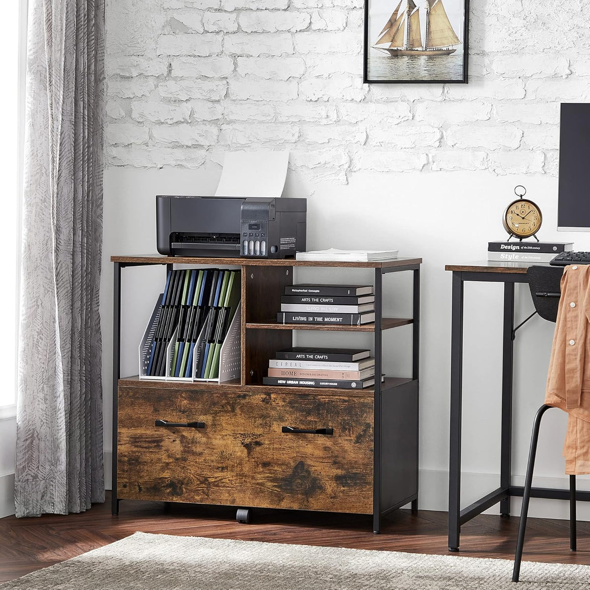 VASAGLE Lateral File Cabinet for Home Office, Filing Cabinet with Open Shelves and Drawer, for A4, Letter and Legal Sized Documents, Printer Stand, Rustic Brown and Ink Black UOFC043B01
