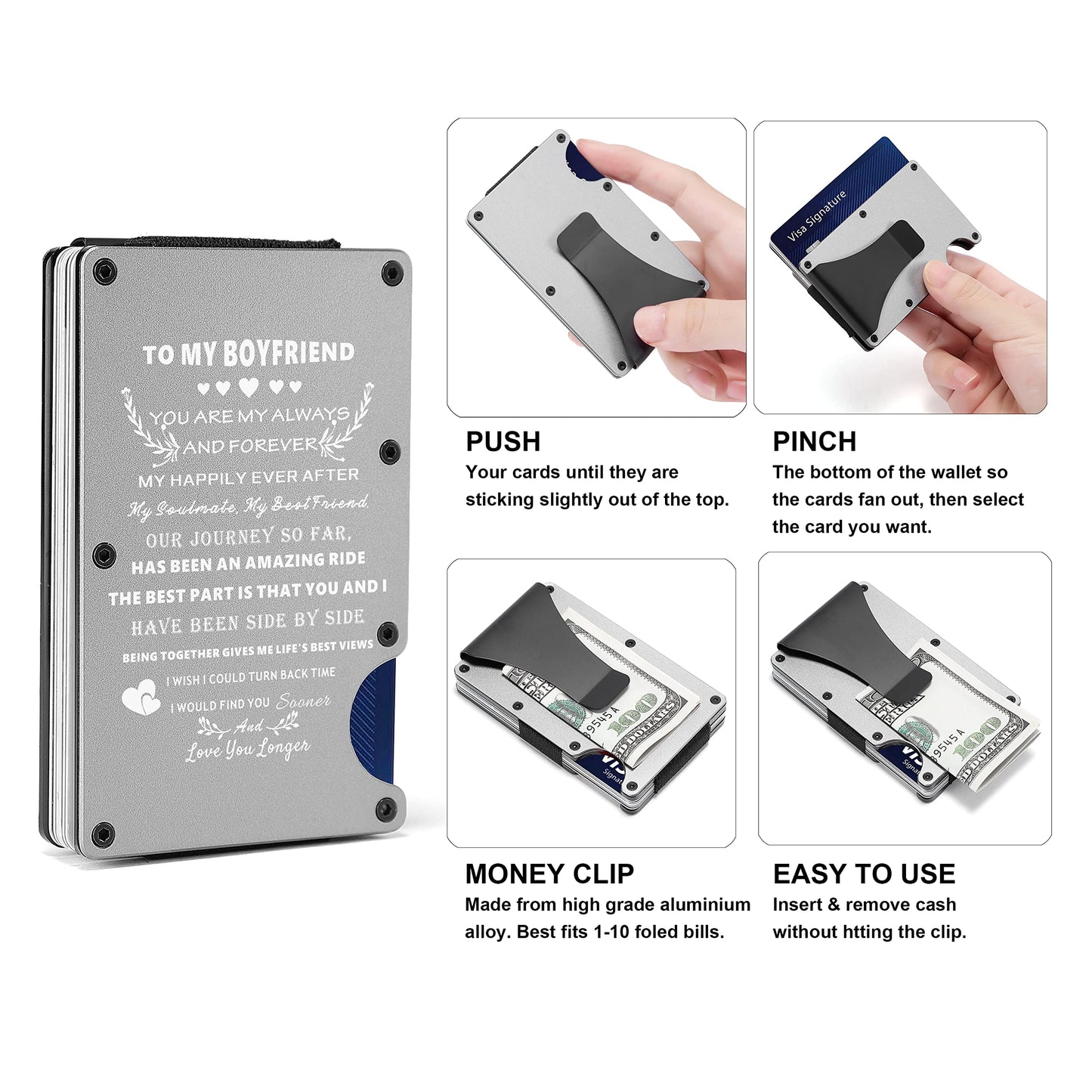 To My Boyfriend Gift | Men Minimalist Personalized Engraved Metal Wallet from Girlfriend | Custom Love Message Slim Aluminum Card Holder with Money Clip | Birthday Anniversary Christmas Valentines Day