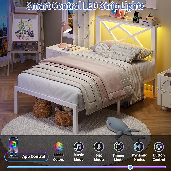 Twin White Metal Bed Frame with USB Charging Station, LED Ambient Lighting, and Wooden Storage Headboard - Includes Under-Bed Storage, No Box Spring Needed, Noise Free, Easy to Assemble