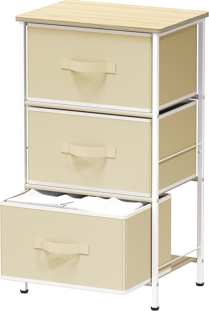 Simple Houseware 3 Drawer Nightstand Dresser with Wood Top, Beige