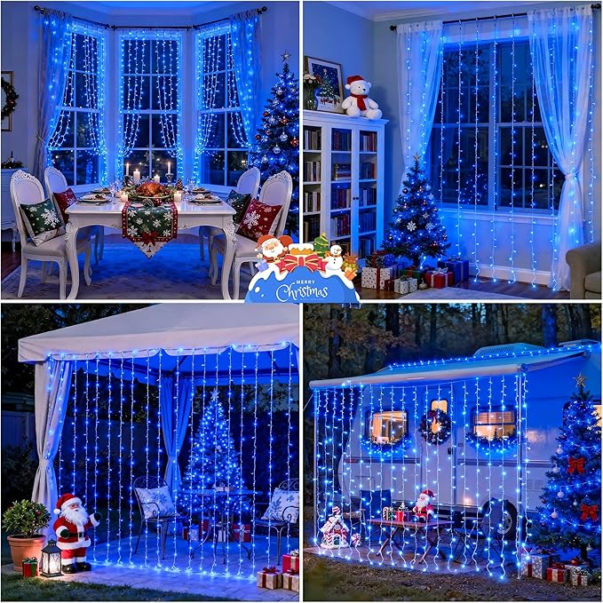 JMEXSUSS 300LED Curtain Lights, Blue Christmas Lights with Remote, Blue String Lights for Bedroom Wall Window Backdrop Garden Indoor Outdoor Pool Patio Yard Porch Decorations, 9.8x9.8ft