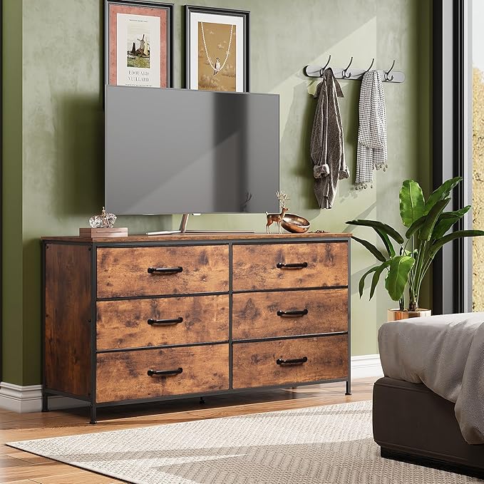 WLIVE 6 Drawer Dresser for Bedroom Large, Fabric Wide Dresser TV Stand for 50, 55, 60 inch TV, Big Long Chest of Drawers with Deep Drawer for Closet, Bedroom, Living Room, Hallway, Rustic Brown