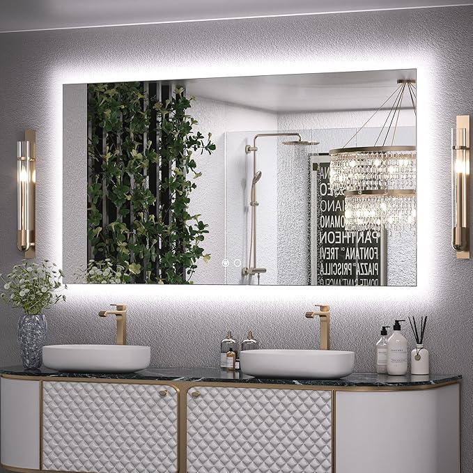 Keonjinn 55 x 30 Inch LED Bathroom Mirror with Backlit, Anti-Fog Vanity Mirror, CRI90+ HD Tempered Glass, Stepless Dimmable, High Lumen, UL Listed, IP44 Waterproof, Horizontal/Vertical