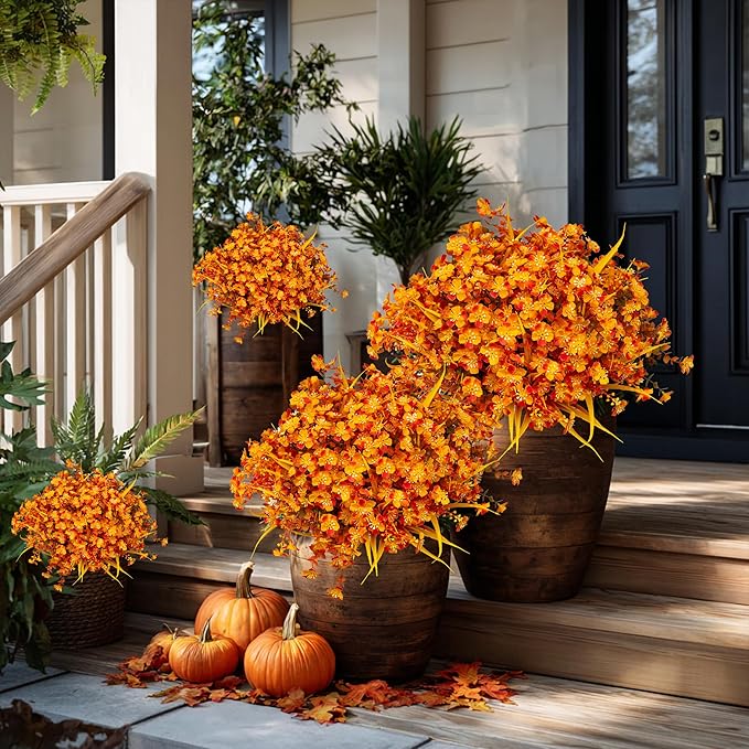 Artificial Mums for Outdoor Fall Flowers - Fake Plants UV Resistant No Fade Faux Plastic Home Decor Garden Porch Patio (1, OrangeMixed)