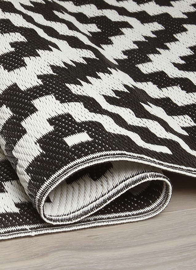 FH Home Outdoor Camping Rug - Waterproof, Fade Resistant, Reversible - Premium Recycled Plastic - Geometric - Large Patio, Deck, Sunroom, RV - Aztec - Black & White - 9 x 12 ft Foldable