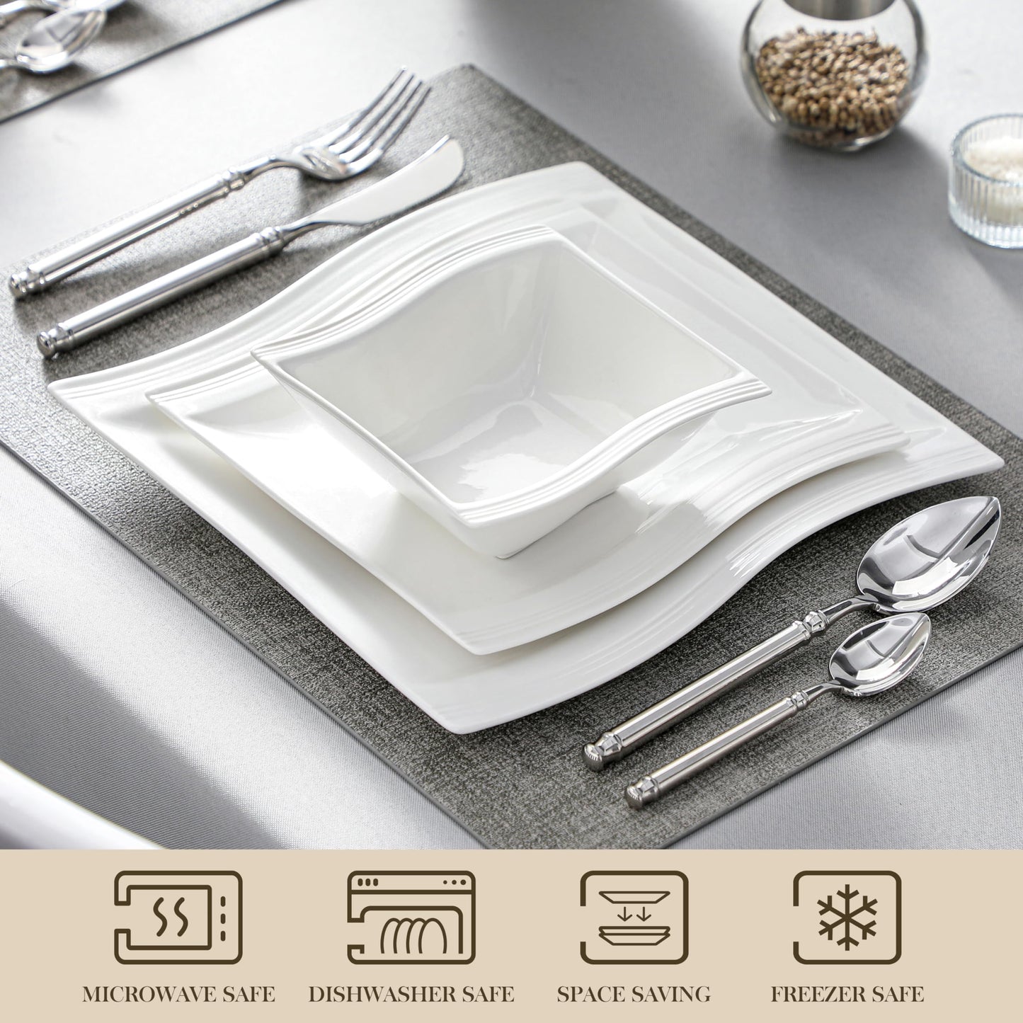 MALACASA Ivory White Dinnerware Set, 12 Pieces - Porcelain Dinner Plates, Dessert Plates and Bowls, Square Flora Pattern