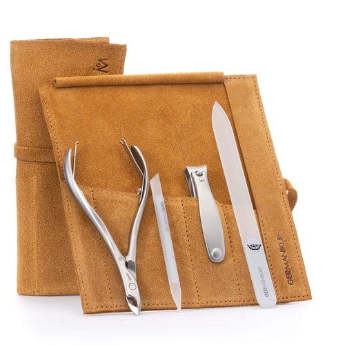 GERMANIKURE 4pc Manicure Set in Yellow Suede Case - FINOX Stainless Steel Tools Made in Germany, Glass Nail Care Supplies Made in Czech Republic – Professional Cuticle and Nail Care Kit