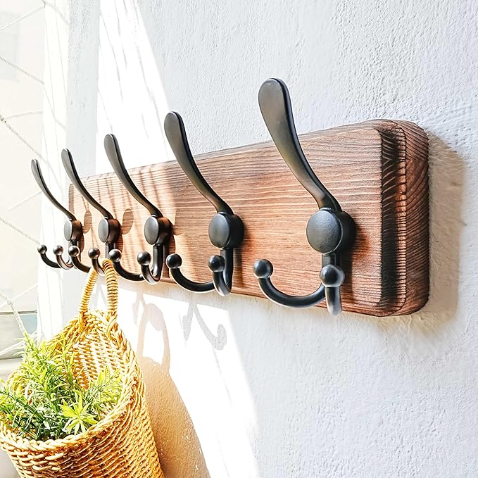 Dseap Coat Rack Wall Mounted - 5 Tri Hooks, Heavy Duty, Wooden Wall Coat Hanger Coat Hook for Clothes Hat Jacket Clothing, Natural & Black
