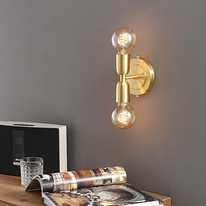 BRIGHTTIA Luna Duo 2 Light Wall Sconce - Mid Century Modern Fixture for Wall & Ceiling - Minimalist Edison Lamp for Hallway and Bathroom Vanity - Brushed Gold (BW0026-2G)