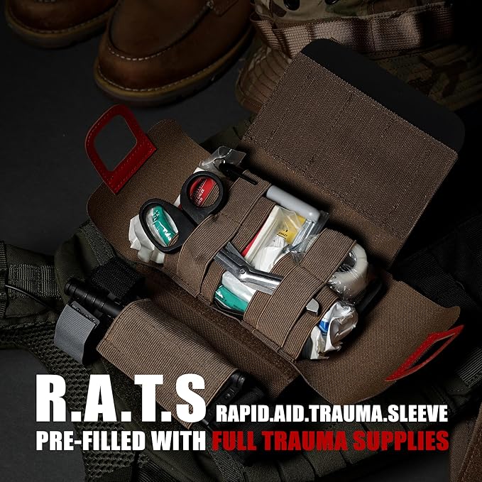 EVERLIT Rapid Aid Trauma Sleeve(Rats) EDC Trauma Kit, CAT GEN-7 Tourniquet QuikClot Gauze CE, Military Tactical IFAK for Bleeding Control (Coyote Brown)
