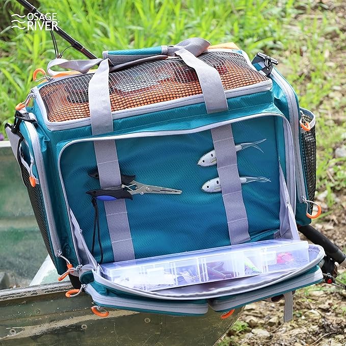 OSAGE RIVER Fishing Tackle Bag, Saltwater Fishing Gear Bag, Tackle Box Organizer with Waterproof Non-Slip Bottom, Padded Shoulder Strap, and Fishing Pliers, Fishing Gifts for Men