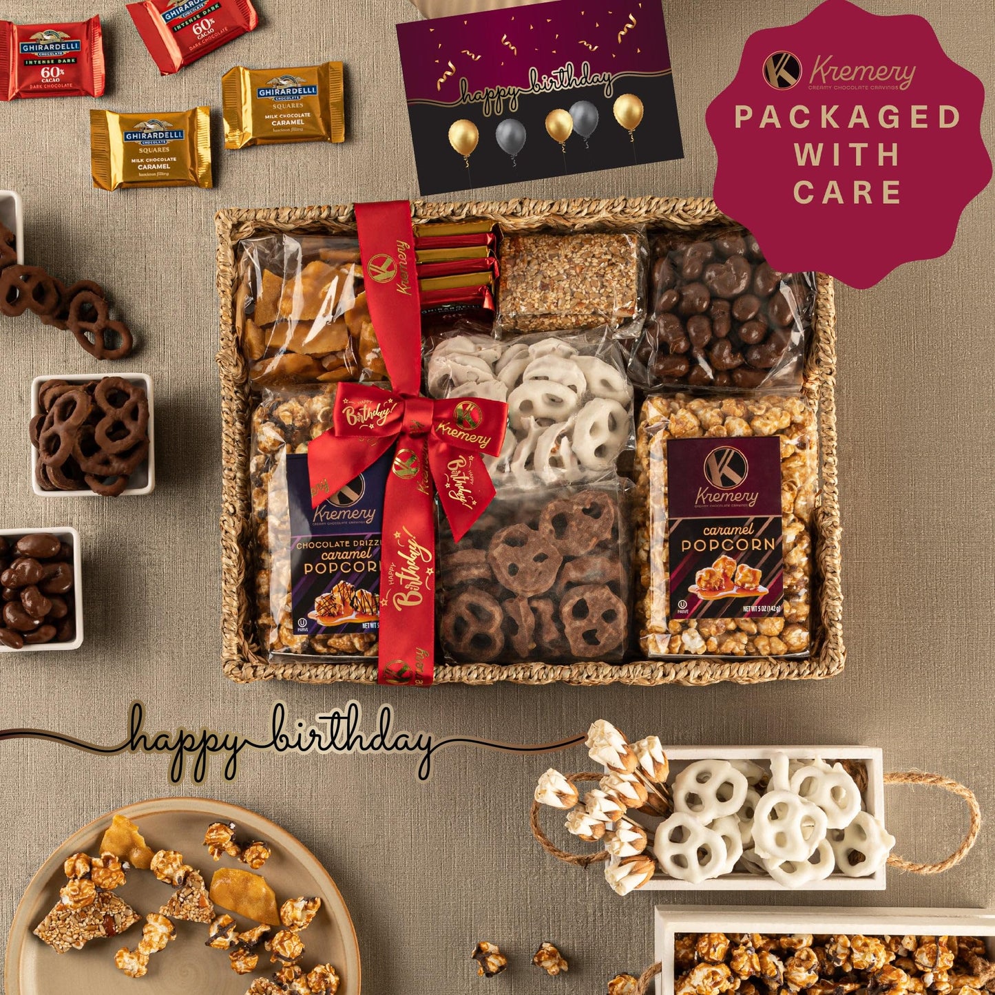 KREMERY Creamy Chocolate Cravings - Happy Birthday Treats, Chocolate Covered Pretzels & Caramel Popcorn Gift Basket, in Seagrass Tray + Ribbon & Greeting Card (Deluxe, 3.5 lbs) Food Assortments
