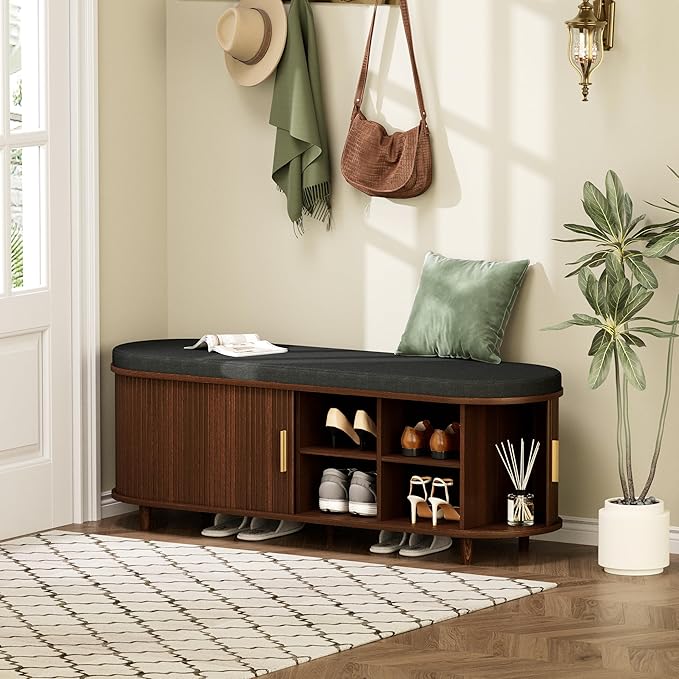 Entryway Bench with Storage: 51.2" Wooden Bedroom Shoe Bench with Thickened Padded Seat Cushion, Mid Century Modern Fluted Sliding Door and Adjustable Shelf, for Entryway, Living Room