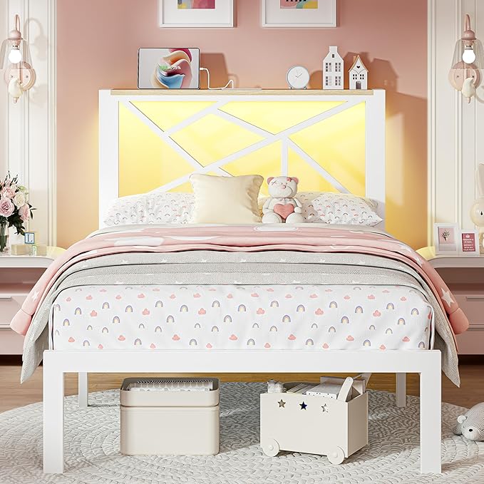 Twin White Metal Bed Frame with USB Charging Station, LED Ambient Lighting, and Wooden Storage Headboard - Includes Under-Bed Storage, No Box Spring Needed, Noise Free, Easy to Assemble