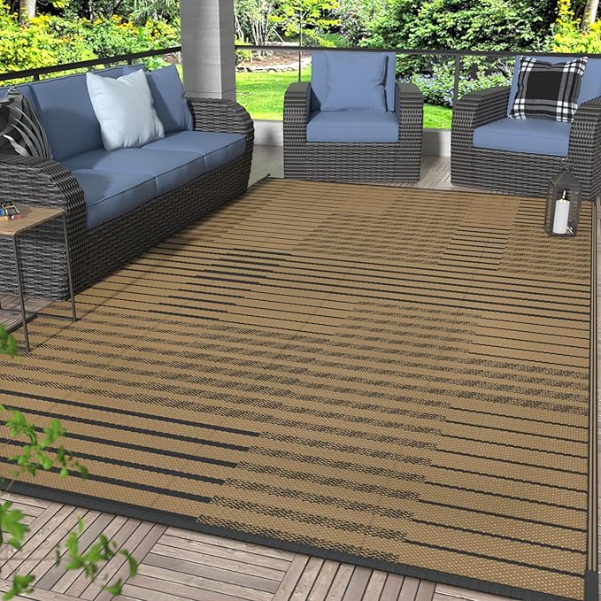 GENIMO Outdoor Rug for Patio Clearance, 8'x10' Waterproof Camping Mat, Reversible Plastic Straw Rugs for RV, Camper, Balcony, Backyard, Picnic, Deck (Black Brown)