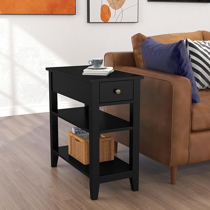 ChooChoo Side Table Living Room, Narrow End Table with Drawer and Shelf, 3-Tier Sofa End Table for Small Space, Black
