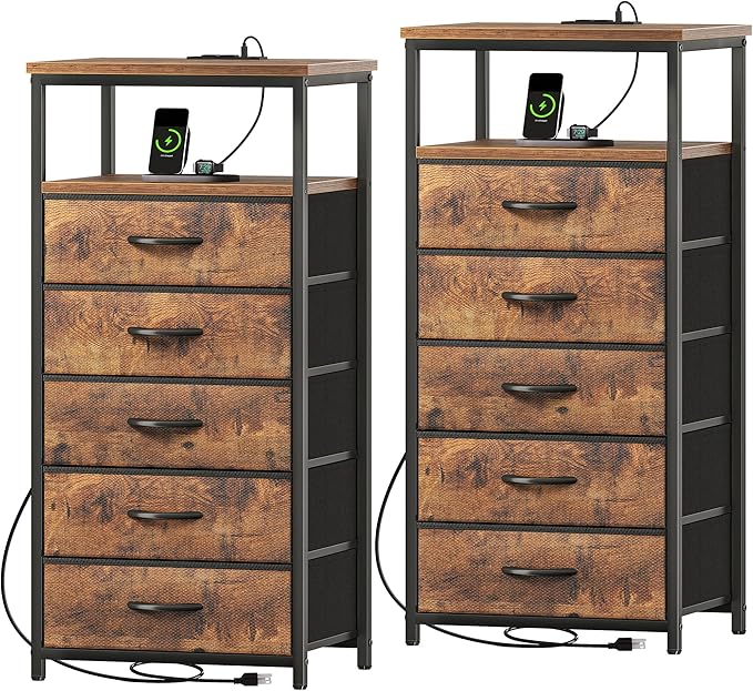 Huuger 5 Drawers Dresser with Charging Station, Set of 2, Dresser for Bedroom, Tall Night Stand, Chest of Drawers with Open Shelf, Bedside Table Nightstand, Fabric, Rustic Brown