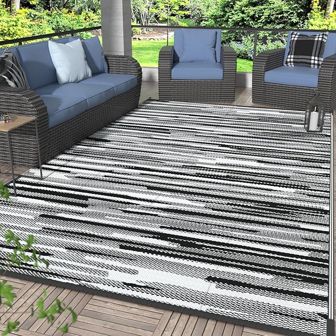 GENIMO Outdoor Rug for Patio Clearance, 9'x12' Waterproof Camping Mat, Reversible Plastic Straw Rugs for RV, Camper, Balcony, Backyard, Picnic, Deck (Black White)